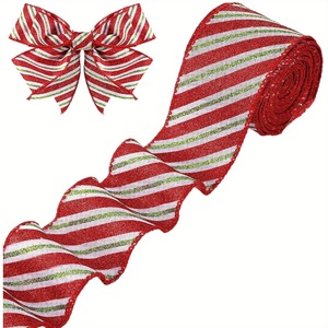 Pita Glitter natal 1 rol pita dekorasi Natal bergaris pita DIY kerajinan pita pesta - Product Image 4