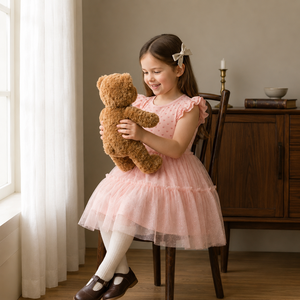 Vestido de Fiesta para Niña, al por Mayor, de Algodón Suave y Transpirable, con Estampado de Corazones Rosas, con Volantes, Manga Corta, OEM ODM - Product Image 6