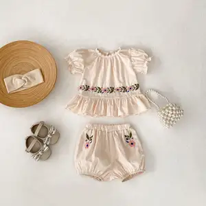 PP2024 été boutiques nouveau-né bébé filles broderie fleur chemise avec short 2 pièces ensembles de vêtements design coréen