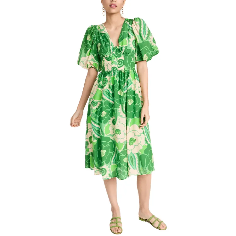 패션 V 넥 도매 숙녀 퍼프 슬리브 여성 의류 꽃 무늬 프린트 드레스 우아한 맞춤 디자인 의류 캐주얼 면화