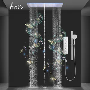 Bathroom Thermostatic Music LED Shower System 36*12inch Shower Head Mist Rain Waterfall Shower Mixer Set