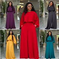 Tenues de printemps grande taille pour femmes N8153, haut irrégulier à col rond et manches lanternes + pantalon large à jambes larges, ensemble deux pièces, vêtements pour femmes