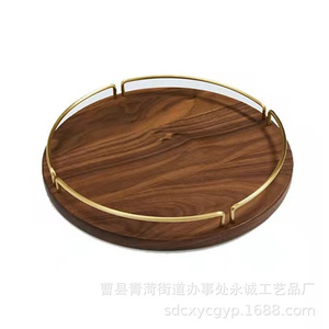 Acacia Wood Round Storage <b>Tray</b> With Brass Handle Solid Color Nordic Style For Hotel Coffee <b>Tea</b> Desktop Use - Product Image 5