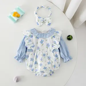 Romper motif bunga bayi perempuan, Romper kain katun tenun lucu, leher renda lipit, lengan panjang, gelembung