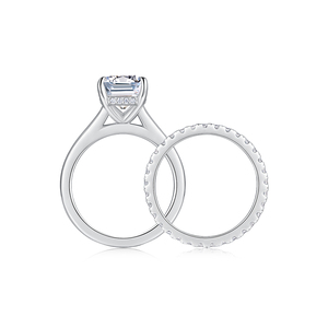 Nhẫn đính hôn Moissanite mạ Rhodium, đá Emerald cắt 8*14MM, đính đá Baguette, chất liệu S925, bộ nhẫn Moissanite - Product Image 5