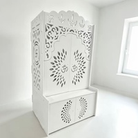 Mandir de prière en bois découpé au laser blanc, symbole Om, armoire d'autel de prière à domicile avec porte fermée et tiroir de rangement, sanctuaire de culte hindou