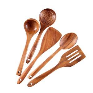 Ensemble de 10 ustensiles de cuisine en bois de teck 100% naturel, classique, brun clair, non toxique, écologique, très vendu - Product Image 3