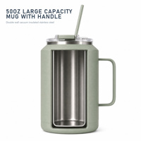 Mug isotherme ergonomique de 50 oz avec double couvercle et paille, en acier inoxydable 18/8 à large ouverture