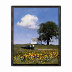 Frühlingswiesen-Bauernhaus Ölgemälde auf Leinwand, Wildblumenfeld im Vintage-Stil, Schwarz Gerahmt, Handgefertigte Wandkunst für Hotel, Villa, Wohnzimmer - Product Image 1
