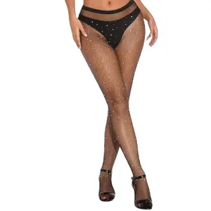 Collants en résille Sexy pour femmes, taille haute, bas fins, Style Sexy ajouré, diamants brillants, bling-bling, 2019