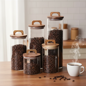 Küchenzubehör BPA-freies Handgefertigtes Klares Zylindrisches Weithalsglas Leeres Borosilikatglas Kerzen-Aufbewahrungsglas mit Holzdeckel - Product Image 1