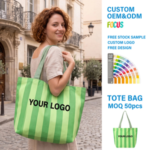 Sac fourre-tout rayé en toile rétro personnalisé pour femmes, grande capacité, sac à bandoulière en coton recyclable, sac de shopping pour les voyages et la salle de sport - Product Image 3