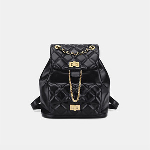 Chic Luxury Quilted Chain Pu Leather Backpack <b>Women</b>-Lightweight Travel School Bag for Style Drawstring Daypack - Product Image 2