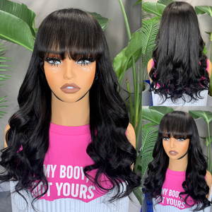 Peluca de Cabello Humano Rizado Jerry con Flequillo y Encaje Frontal 4x4, Cabello Remy Brasileño con Cortina de Cabello, Marca FH Loose Wave - Product Image 1