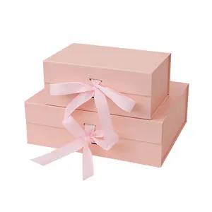 Scatole di carta rosa personalizzate all'ingrosso confezione regalo pieghevole di lusso con chiusura a nastro
