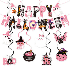 Set di Decorazioni per Festa di Halloween Rosa con Ghirlande di Carta a Spirale e Decorazioni Appese a Forma di Fantasma e Strega - Product Image 6