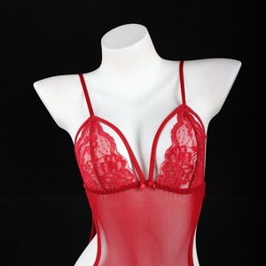 Body en dentelle sexy pour femme, transparent, extensible, avec armatures, push-up, rouge, lingerie de nuit sans manches - Product Image 1
