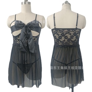 Nouvelle lingerie sexy de style européen et américain, camisole en dentelle pour femmes, nuisette transparente avec bretelles à nœuds, string, vente en gros - Product Image 1
