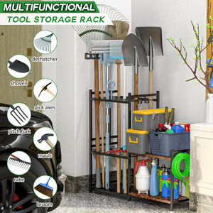 Cross-border heavy-duty garage tool rack, double-layer wooden shelves with <b>hooks</b>, <b>gardening</b> long-handled tool storage rack - Product Image 3