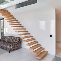 Moderne Innen-Holzschwebetreppe mit Rahmenlosem Glasgeländer Offenes Treppen-Set für Villen