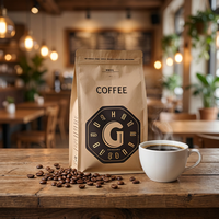 Sachet de café en kraft imprimé sur mesure, à huit soudures latérales, avec fermeture éclair refermable et valve de dégazage pour l'emballage des grains de café