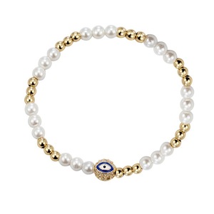 Evil Eye <b>Bracelet</b> Gold Beaded Pearl <b>Stretch</b> Unisex Jewelry Gift - Product Image 1