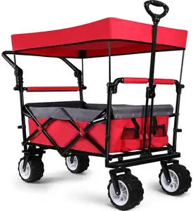 Creative Extra Large Collapsible Garden Cart With Removable Canopy Folding Wagon Utility Carts With Wheels And Rear Storage