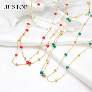 Collier unisexe tendance en acier inoxydable plaqué or 18 carats, étanche, écologique, avec zircon géométrique et perles, vente en gros - Product Image 2