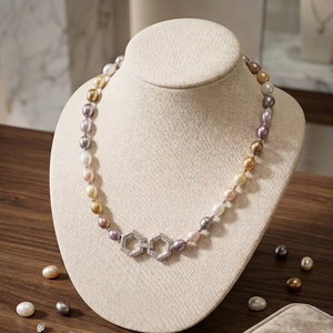 Collier de perles d'eau douce multicolores avec fermoir en cristal hexagonal géométrique, bijoux élégants en perles pastel pour femmes, cadeau - Product Image 1