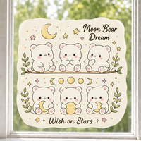 Autocollants personnalisés imperméables en PVC vinyle, motif ours kawaii et lune, pour fenêtre, imprimés UV, électrostatiques, décoratifs pour verre et mur
