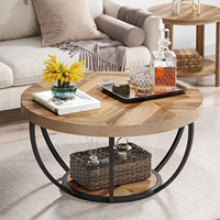 Table basse ronde minimaliste moderne avec structure en métal et construction en bois massif, étagère de rangement, meubles de salon