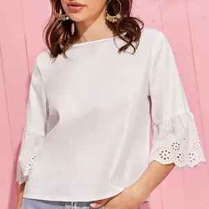 Nova Chegada Das Mulheres Plissado Bordado Blusas Tops Camisa Das Senhoras Lace Manga Curta Em Torno Do Pescoço Blusas E Tops Mulheres