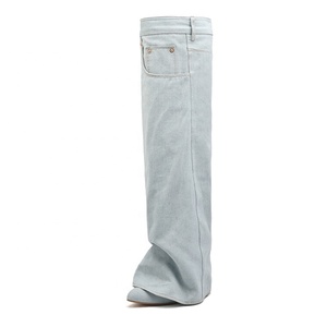 Women Denim Overlay Custom Styles Over Knee High Boots Ladies High Chunky Heels <b>Shoes</b> Folded Pointed Toe Jeans Long Booties - Product Image 3