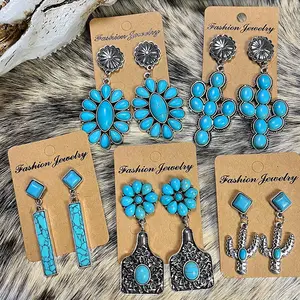 New Arrival women ethnic turquoise cactus pendant earrings retro alloy carved western cowboy earrings
