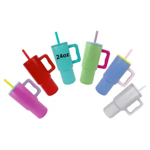 BPA ücretsiz esnek silikon saman ile 2024 sıcak satış 24 oz vakum Tumbler çocuk sıcak ve soğuk tutmak için 24 oz kahve kulplu fincan