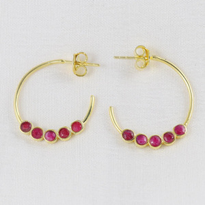 <b>Silver</b> Export House Wholesale Gold Plated Brass Ruby Hoop Earrings, Minimal Daily Wear, 24mm Round Gemstone Pair - Product Image 2
