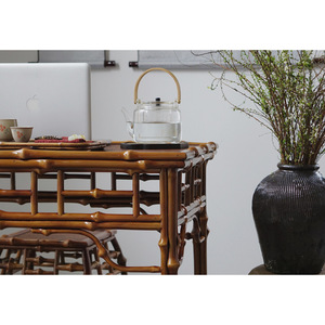 Mesa Rectangular de Bambú Estilo Chino con Taburete, Mesa Multiusos para Té, Caligrafía y Comedor - Product Image 4