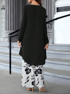 Ensemble 2 pièces imprimé floral noir et blanc, minimaliste, modeste, respirant, ODM, haut à manches longues irrégulier et pantalon large, Ramadan Printemps/Été - Product Image 2