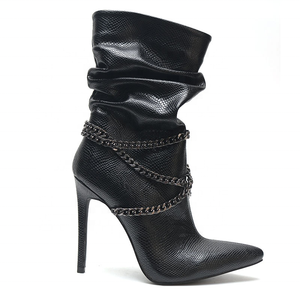 Pleated Shaft Metal Chain Decor Side Zip Pointy Toe Half Knee High Shoes Women <b>Boots</b> Thin Heel Warm Mid-calf Lady Big Size - Product Image 6