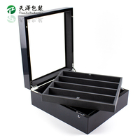 Boîte à bijoux en bois texturé noir personnalisée avec fenêtre transparente, présentoir multicouche, finition mate, double porte, artisanat sur mesure