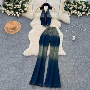 Conjunto de Ropa de Verano para Mujer, Estilo Vintage, 2 Piezas, Top Halter Tejido sin Mangas, Pantalones Vaqueros Ajustados de Cintura Alta, Venta al Por Mayor - Product Image 4