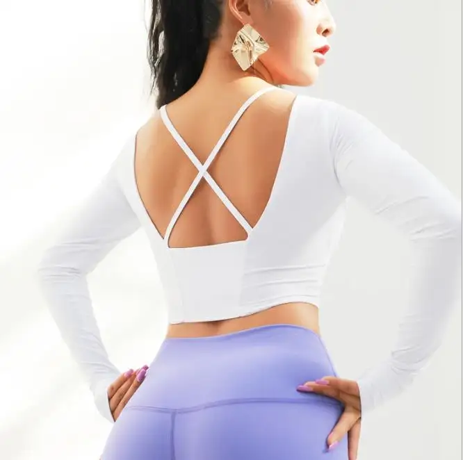 Drop shipping Beautiful back cross and chest pad integrated yoga clothes quick-drying and thin stretch running long-sleeved tops women's fitne