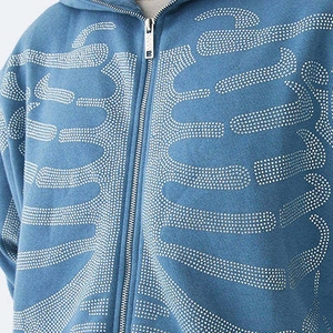 Felpa con Cappuccio da Uomo Stile Streetwear, Ampia con Zip e Motivo Scheletro in Strass, in Cotone, Personalizzabile, Moda Primavera Autunno - Product Image 3