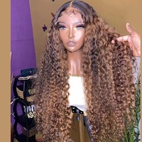 Gros Hd Transparent Piano Highlight Miel Brun Ombre Couleur Pixie Perruque Bouclée Brésilienne Brut Cheveux Humains Lace Front Perruque