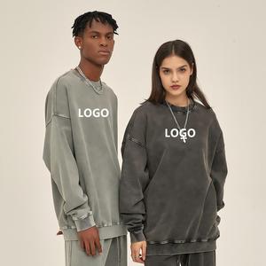 Oversized <b>Crew</b> Neck Sweatshirt Unisex 100% Cotton French Terry Washed Solid Color Regular Sleeve Pullover Autumn Style - Product Image 1
