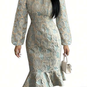 ชุดเดรสพิมพ์ลายใหม่สำหรับผู้หญิง แขนยาว ชายกระโปรงทรงหางปลา คอกลม ทรงสวยหรู แฟชั่น - Product Image 2