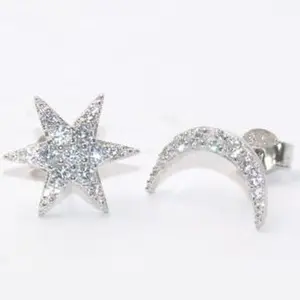 Simple 925 Sterling Silver Earrings Pave CZ Zircon Moon Star Stud Earrings For Women