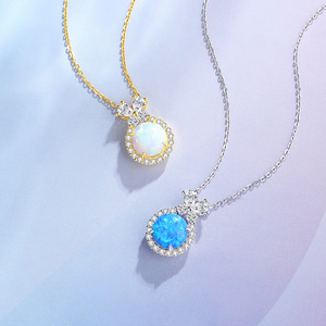 925 Sterling Silver Rhodium Plated Trendy Engagement Wedding Blue <b>Opal</b> Double Halo Pendant <b>Necklace</b> Dainty Bow Accent Jewelry - Product Image 5