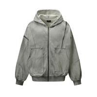 Blouson bomber court noir à capuche en satin argenté délavé et vieilli, style hip-hop décontracté et respirant, avec logo