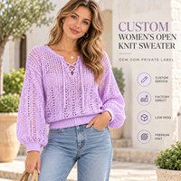 Pull personnalisé pour femme en maille ajourée, col lacé, manches longues bouffantes, idéal pour les vacances